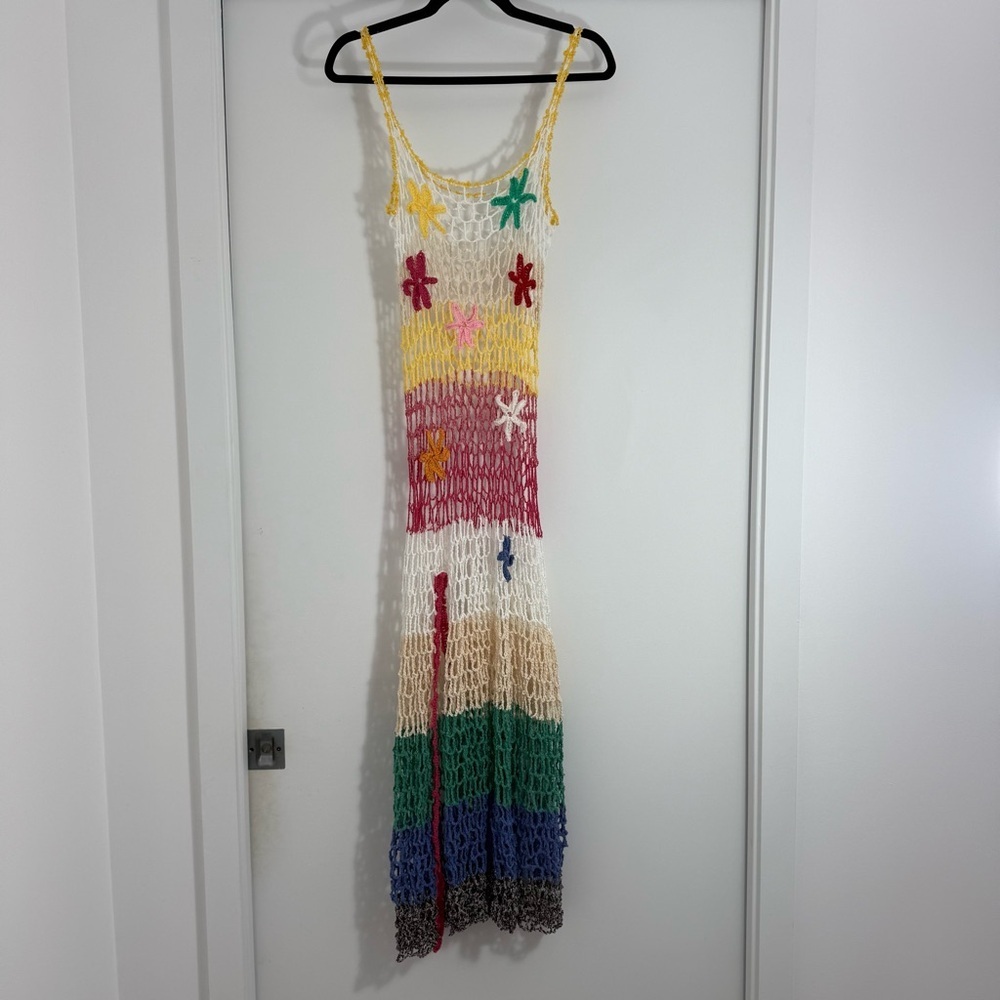 Handmade of Natiral Linen and Cotton Fiber Crochet Slit Beach CoverUp Midi Dress